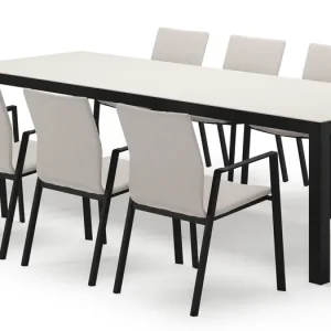 Voordeelprijs Varese rechthoekige tuinset in zwart aluminium en sintered stone crema minerale met 8 Madura tuinstoelen