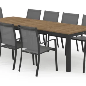 Aanbieding Varese tuinset in zwart aluminium en teak naturel tafelblad met 8 stapelbare Calobra tuinstoelen