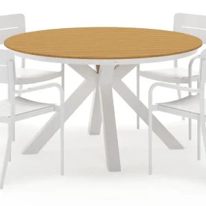 Tora tuinset rond in wit aluminium en polywood met 4 Salto tuinstoelen Flitsaanbieding