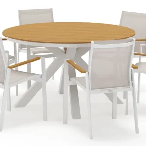 Tora tuinset rond in wit aluminium en polywood met 6 Bahia tuinstoelen Beste Prijs