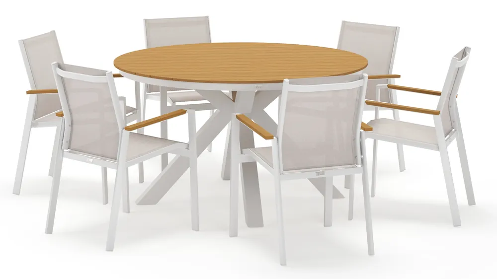 Tora tuinset rond in wit aluminium en polywood met 6 Bahia tuinstoelen Beste Prijs