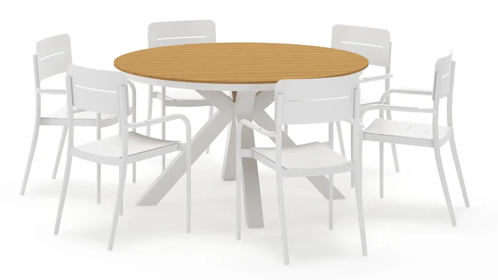 Tora tuinset rond in wit aluminium en polywood met 6 Salto tuinstoelen Superprijs