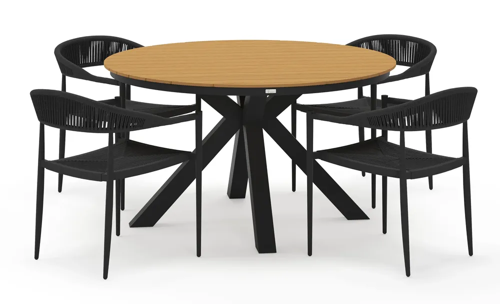 Tora tuinset rond in zwart aluminium en polywood met 4 Guarda tuinstoelen Alleen Vandaag