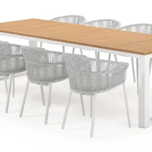 Weekendaanbieding Livo tuinset in wit aluminium en natural finish teak tafelblad met 8 stapelbare Matera tuinstoelen