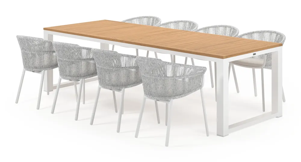 Weekendaanbieding Livo tuinset in wit aluminium en natural finish teak tafelblad met 8 stapelbare Matera tuinstoelen