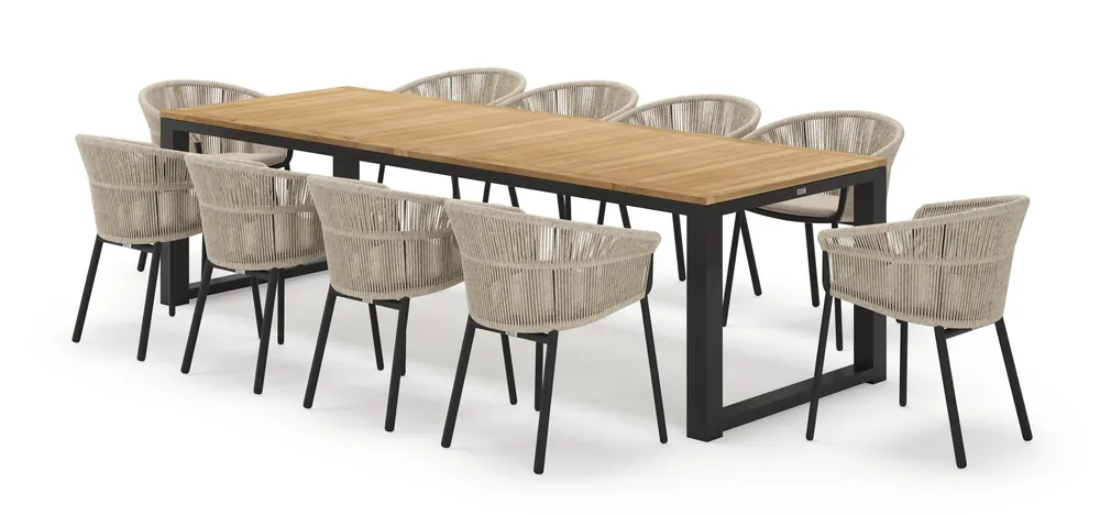Weekendaanbieding Livo rechthoekige tuinset in zwart aluminium en teak natural finish met 10 Matera tuinstoelen