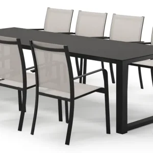 Weekendaanbieding Livo rechthoekige tuinset in zwart aluminium en sintered stone notte minerale met 10 Calobra tuinstoelen