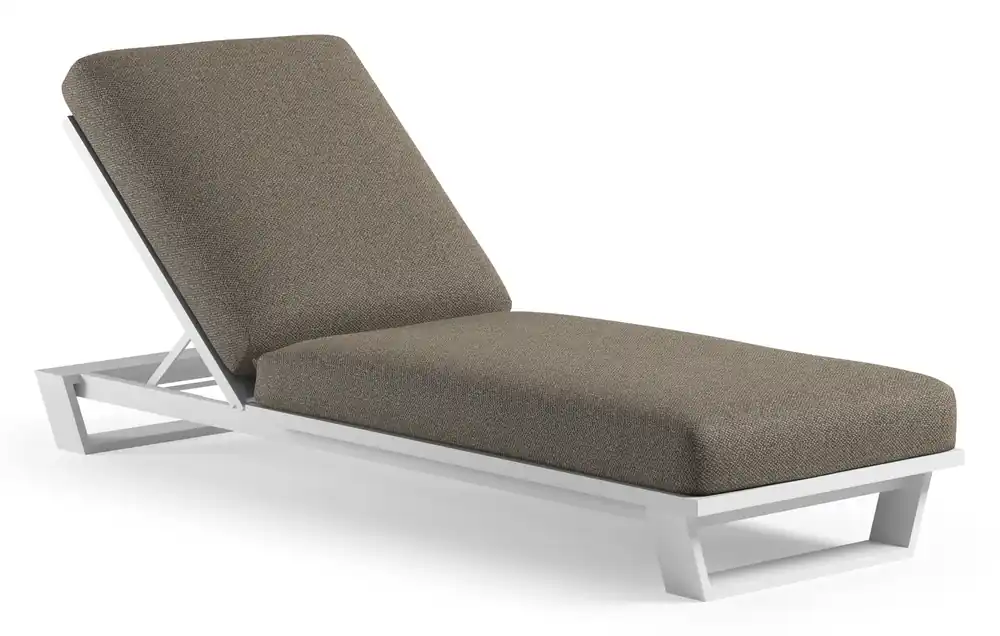 Voordeelprijs Pagino verstelbaar ligbed in wit aluminium met madagascar burch all weather Cosytica kussen