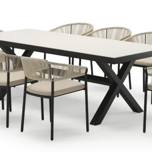 Aanbieding Reza rechthoekige tuinset in zwart aluminium en sintered stone crema minerale met 8 Zamora tuinstoelen