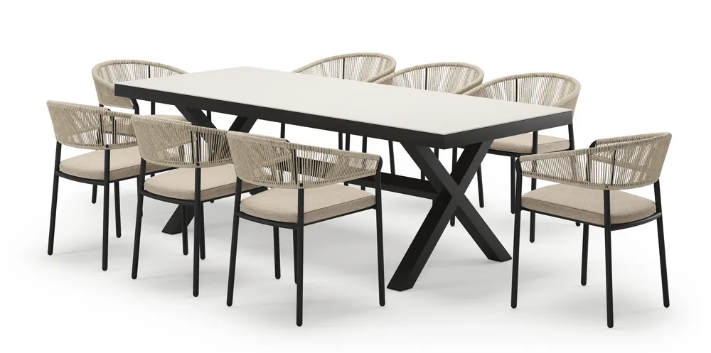Aanbieding Reza rechthoekige tuinset in zwart aluminium en sintered stone crema minerale met 8 Zamora tuinstoelen
