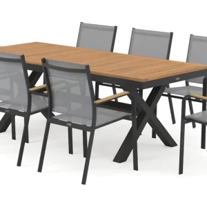 Weekendaanbieding Reza tuinset in zwart aluminium en teak tafelblad met 8 stapelbare Amalfi tuinstoelen