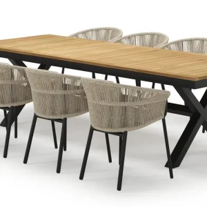 Weekendaanbieding Reza rechthoekige tuinset in zwart aluminium en teak natural finish met 8 Matera tuinstoelen
