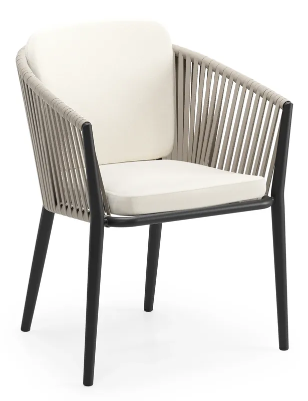 Koop Vandaag Orso tuinstoel in zwart aluminium en beige verticaal geweven vlakke rope met zitkussen in All Weather Sunbrella® Luxe Natte White