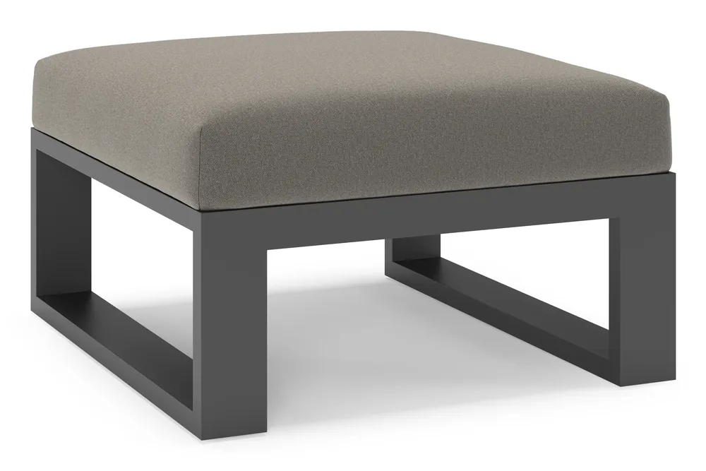 Verato poef in zwart aluminium met natte dark taupe all weather sunbrella® luxe kussen Koopje