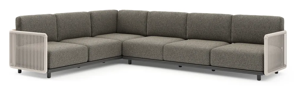 Gereduceerde Prijs Organo loungehoek in zwart aluminium en beige verticaal geweven luxe vlakke rope met marbella tunder all weather Cosytica kussen