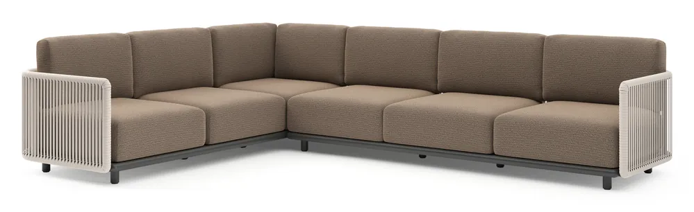 Organo loungehoek in zwart aluminium en beige verticaal geweven luxe vlakke rope met firenze bamboe all weather Solica kussen Lage Kosten