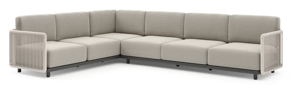 Hete Deal Organo loungehoek in zwart aluminium en beige verticaal geweven luxe vlakke rope met firenze sand all weather Solica kussen