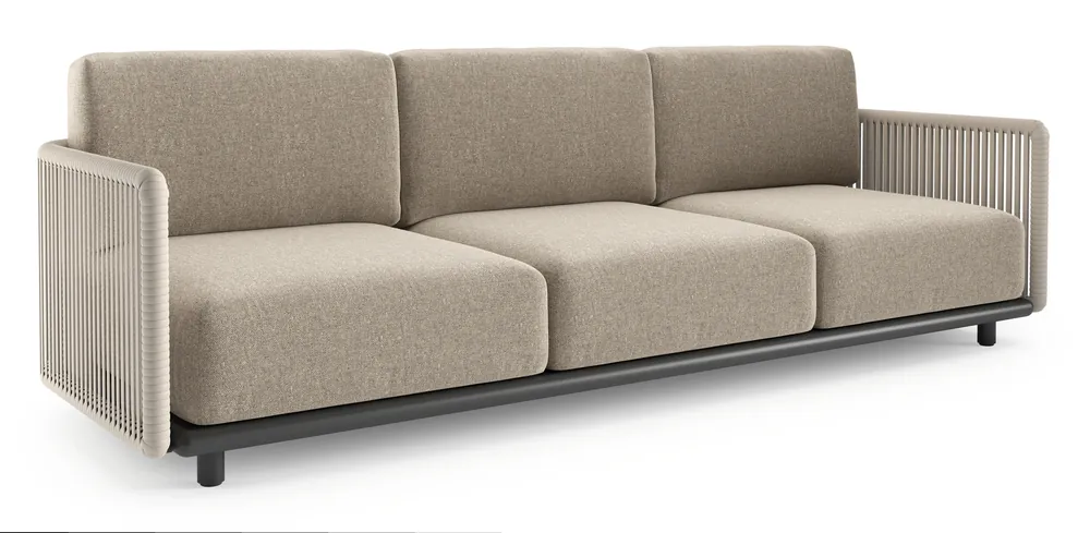 Organo loungebank in zwart aluminium en beige verticaal geweven luxe vlakke rope met chartres pewter all weather Sunbrella® luxe kussen Aanbieding