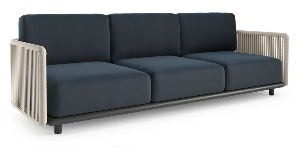 Organo loungebank in zwart aluminium en beige verticaal geweven luxe vlakke rope met heritage indigo all weather Sunbrella® luxe kussen Nu Kopen