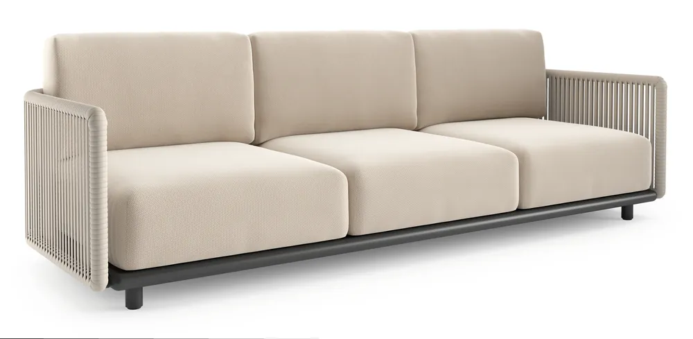 Meest Verkocht Organo loungebank in zwart aluminium en beige verticaal geweven luxe vlakke rope met lopi antique all weather Sunbrella® luxe kussen