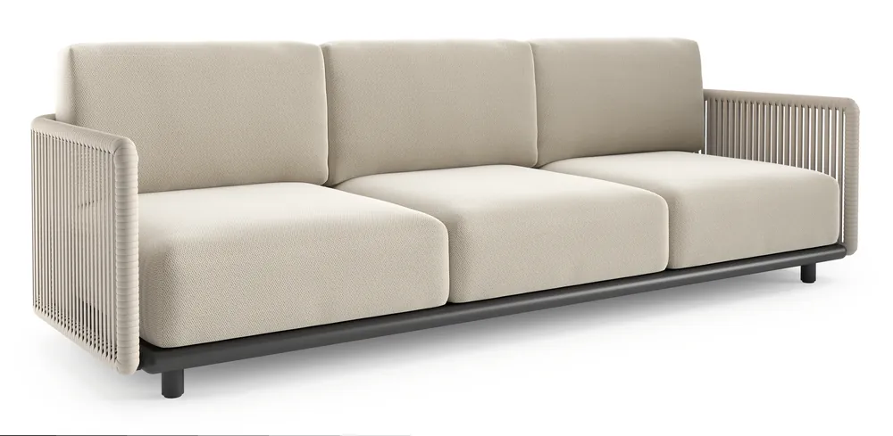 Lage Prijs Organo loungebank in zwart aluminium en beige verticaal geweven luxe vlakke rope met lopi marble all weather Sunbrella® luxe kussen