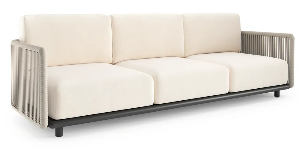 Rechtstreeks Van De Fabrikant Organo loungebank in zwart aluminium en beige verticaal geweven luxe vlakke rope met lopi snow all weather Sunbrella® luxe kussen
