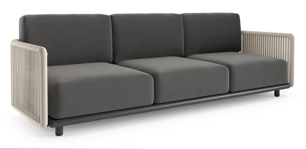 Organo loungebank in zwart aluminium en beige verticaal geweven luxe vlakke rope met natte charcoal chine all weather Sunbrella® luxe kussen Hoge Kwaliteit