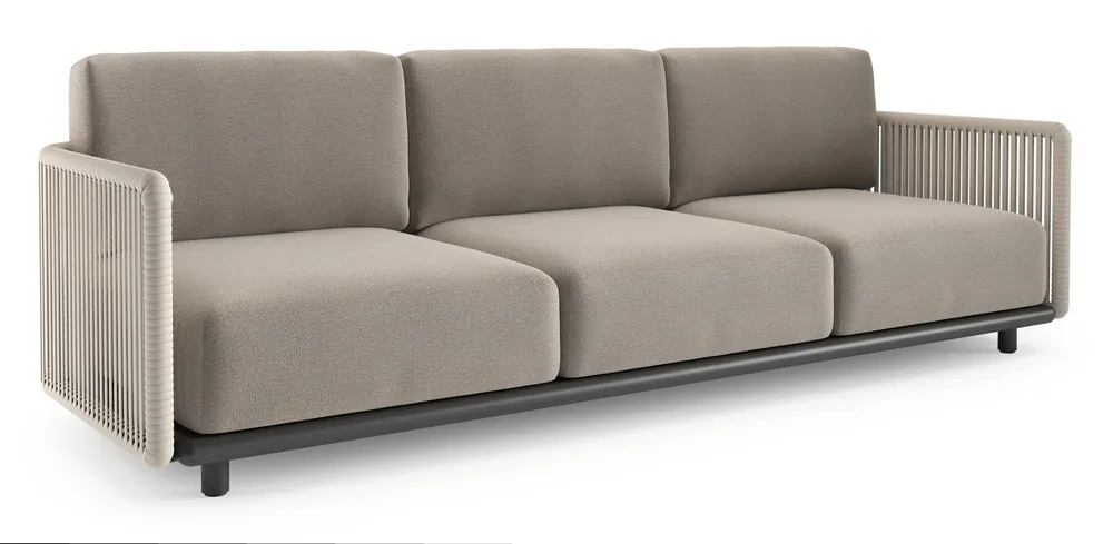 Premium Organo loungebank in zwart aluminium en beige verticaal geweven luxe vlakke rope met savane coconut all weather Sunbrella® luxe kussen