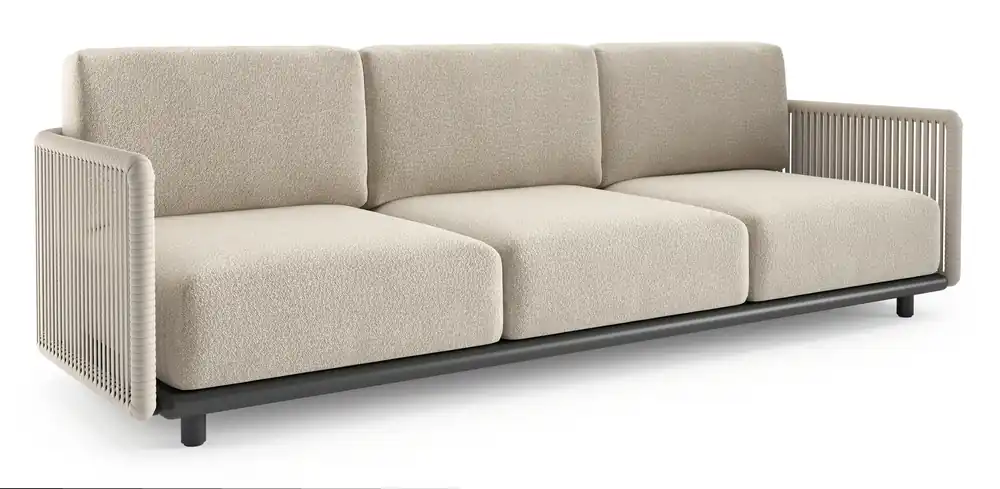 Finale Uitverkoop Organo loungebank in zwart aluminium en beige verticaal geweven luxe vlakke rope met marbella ecru all weather Cosytica kussen
