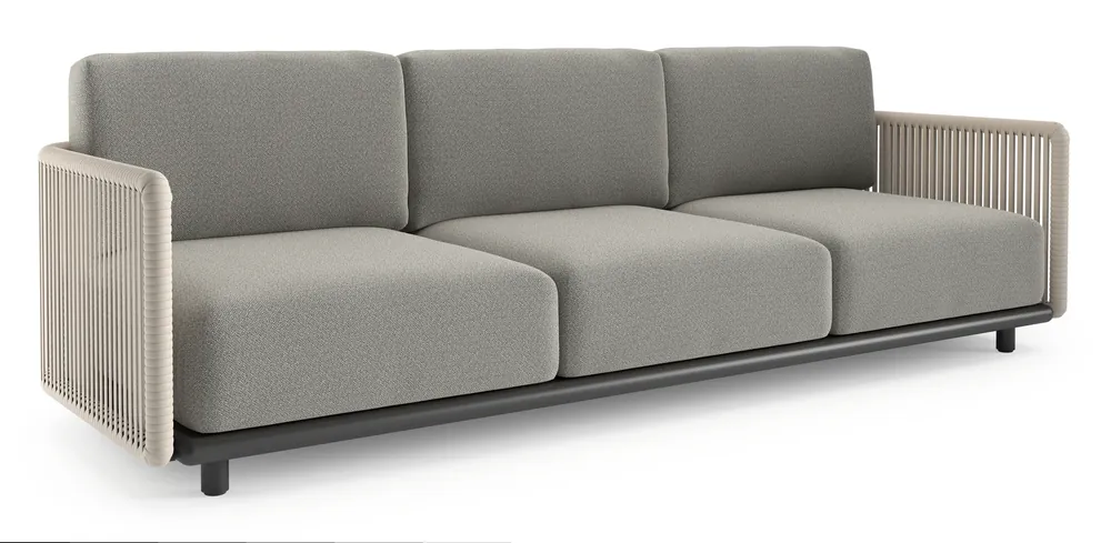 Hoge Kwaliteit Organo loungebank in zwart aluminium en beige verticaal geweven luxe vlakke rope met savane tunder all weather Sunbrella® luxe kussen
