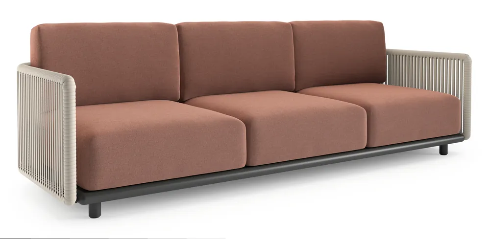 Organo loungebank in zwart aluminium en beige verticaal geweven luxe vlakke rope met savane rust all weather Sunbrella® luxe kussen Veilige Betaling