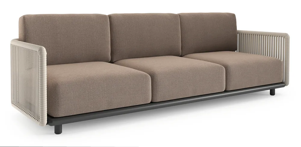 Organo loungebank in zwart aluminium en beige verticaal geweven luxe vlakke rope met savane earth all weather Sunbrella® luxe kussen Speciale Aanbieding