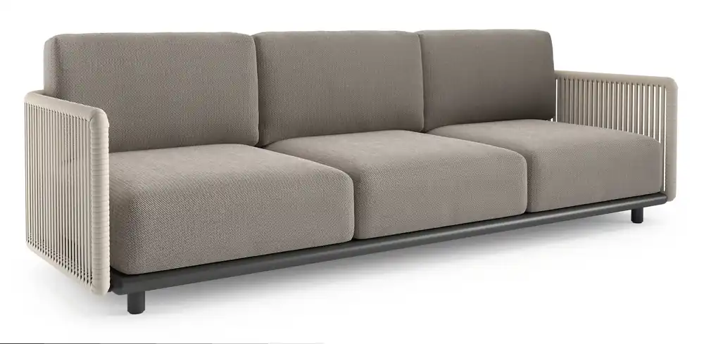 Organo loungebank in zwart aluminium en beige verticaal geweven luxe vlakke rope met lopi pepper all weather Sunbrella® luxe kussen Korting