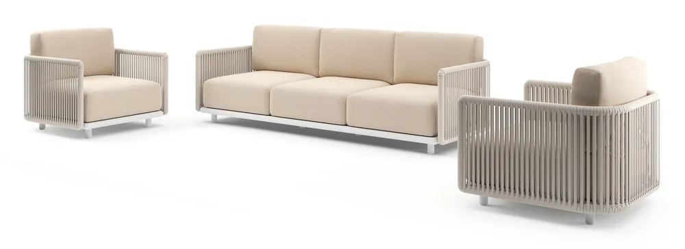 Dagaanbieding Organo loungeset in wit aluminium en beige verticaal geweven luxe vlakke rope met heritage papyrus all weather Sunbrella® luxe kussen