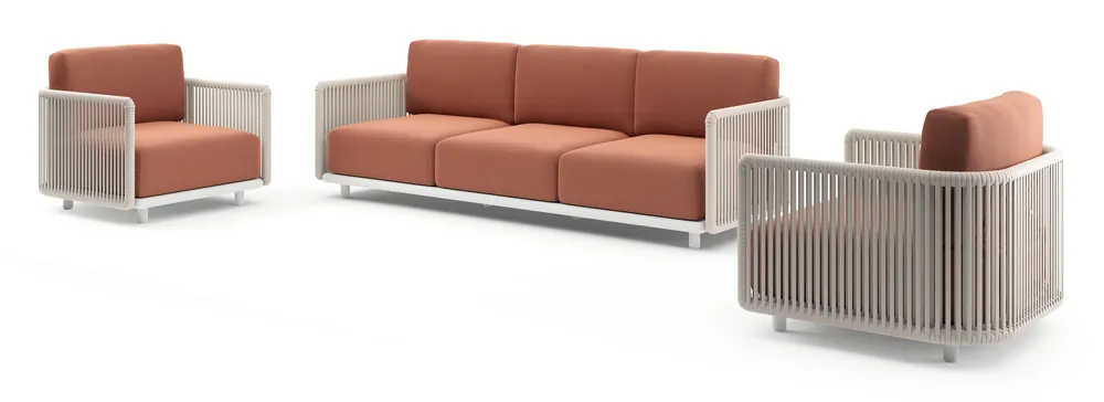 Organo loungeset in wit aluminium en beige verticaal geweven luxe vlakke rope met heritage rust all weather Sunbrella® luxe kussen Hoge Kwaliteit