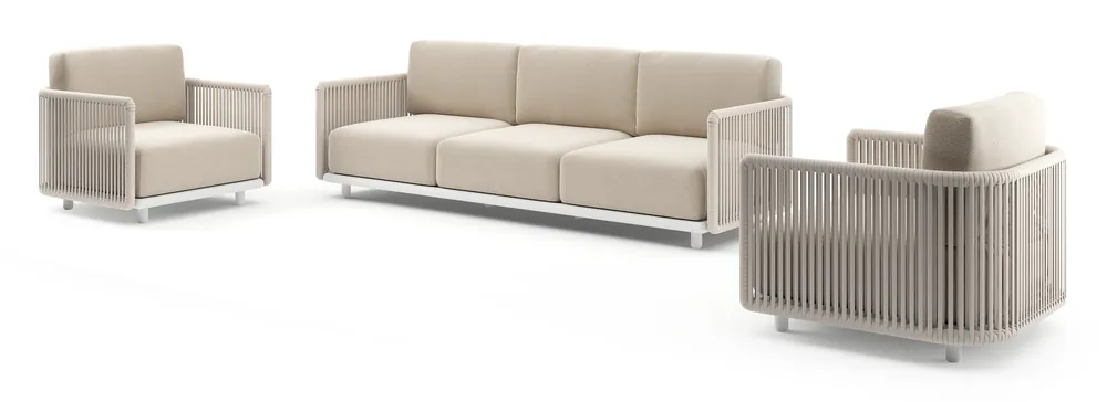 Organo loungeset in wit aluminium en beige verticaal geweven luxe vlakke rope met lopi sand all weather Sunbrella® luxe kussen Tijdelijk Beschikbaar