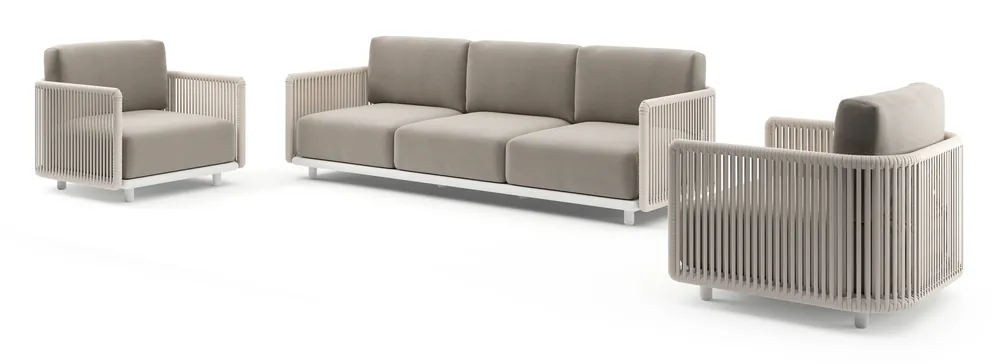 Organo loungeset in wit aluminium en beige verticaal geweven luxe vlakke rope met savane coconut all weather Sunbrella® luxe kussen Finale Uitverkoop