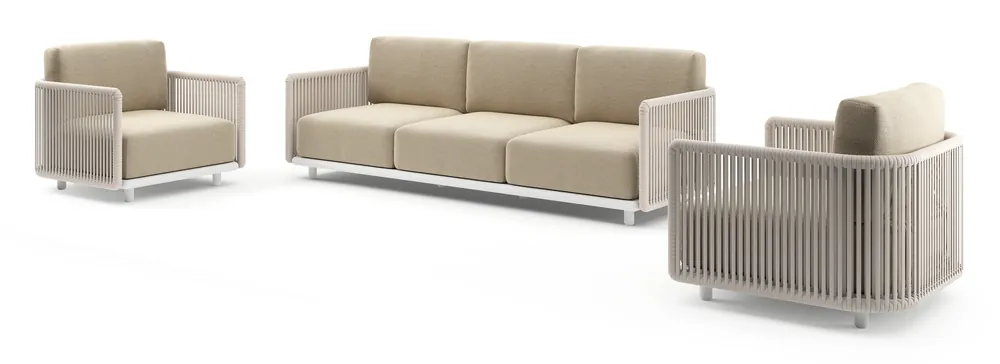 Koop Online Organo loungeset in wit aluminium en beige verticaal geweven luxe vlakke rope met althea camel all weather Cosytica kussen