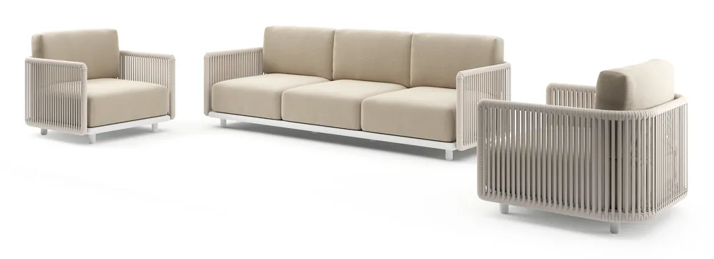 Direct Beschikbaar Organo loungeset in wit aluminium en beige verticaal geweven luxe vlakke rope met althea chalk all weather Cosytica kussen