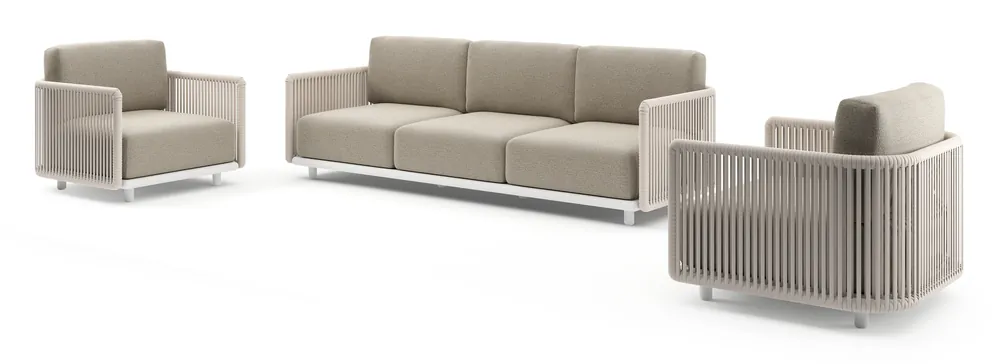 Exclusieve Aanbieding Organo loungeset in wit aluminium en beige verticaal geweven luxe vlakke rope met catania beige all weather Cosytica kussen