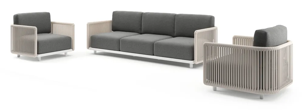 Bestseller Organo loungeset in wit aluminium en beige verticaal geweven luxe vlakke rope met catania black all weather Cosytica kussen
