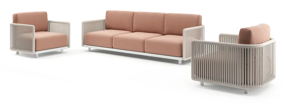 Organo loungeset in wit aluminium en beige verticaal geweven luxe vlakke rope met lopi fawn all weather Sunbrella® luxe kussen Exclusieve Aanbieding