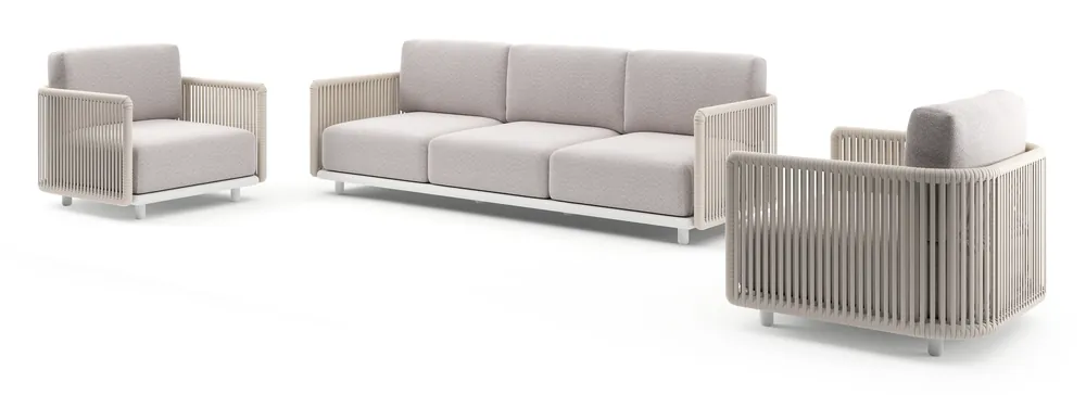 Beperkt Aanbod Organo loungeset in wit aluminium en beige verticaal geweven luxe vlakke rope met wander gobi all weather Sunbrella® luxe kussen