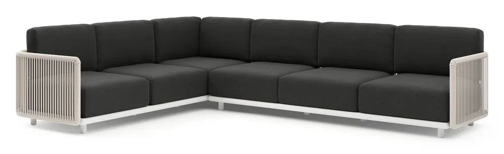 Exclusieve Aanbieding Organo loungehoek in wit aluminium en beige verticaal geweven luxe vlakke rope met chartres sooty all weather Sunbrella® luxe kussen