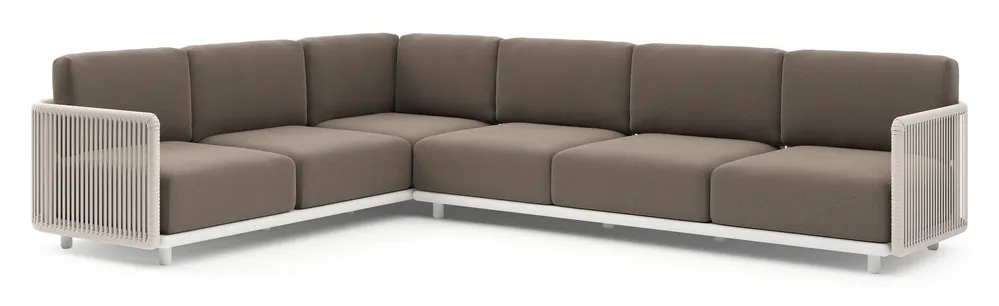 Beperkt Aanbod Organo loungehoek in wit aluminium en beige verticaal geweven luxe vlakke rope met lopi coconut all weather Sunbrella® luxe kussen