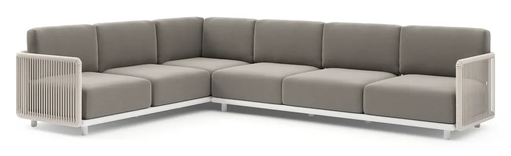 Bestel Nu Organo loungehoek in wit aluminium en beige verticaal geweven luxe vlakke rope met lopi silver all weather Sunbrella® luxe kussen