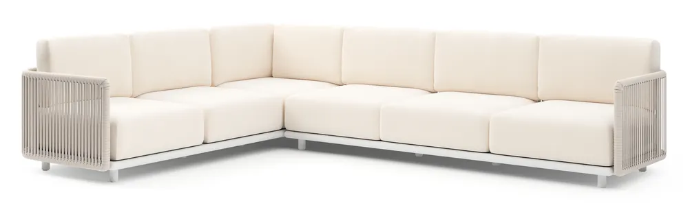 Organo loungehoek in wit aluminium en beige verticaal geweven luxe vlakke rope met lopi snow all weather Sunbrella® luxe kussen Gratis Retour