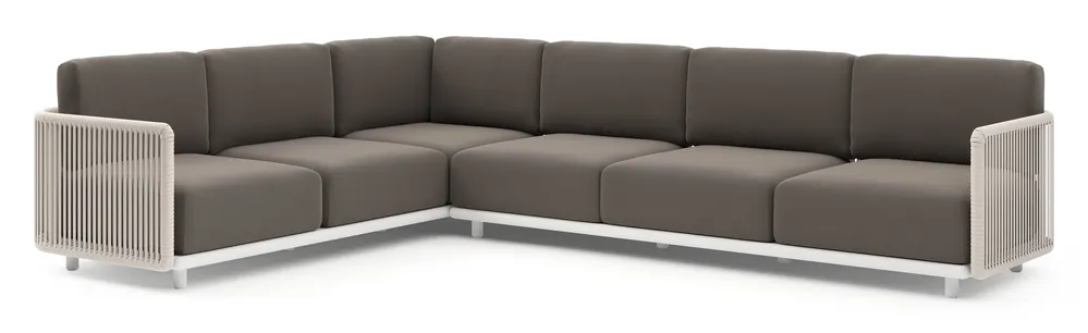 Must-Have Organo loungehoek in wit aluminium en beige verticaal geweven luxe vlakke rope met natte nature grey all weather Sunbrella® luxe kussen
