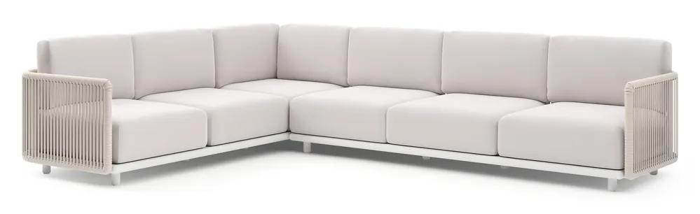 Fabrieksprijs Organo loungehoek in wit aluminium en beige verticaal geweven luxe vlakke rope met savane whisper all weather Sunbrella® luxe kussen