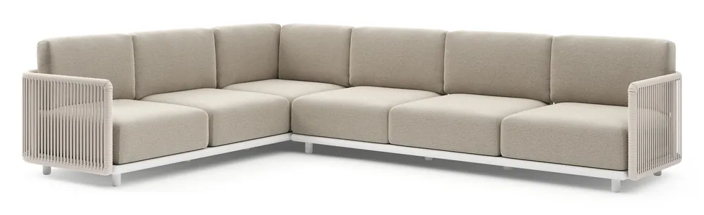 Betaalbaar Organo loungehoek in wit aluminium en beige verticaal geweven luxe vlakke rope met catania greige all weather Cosytica kussen